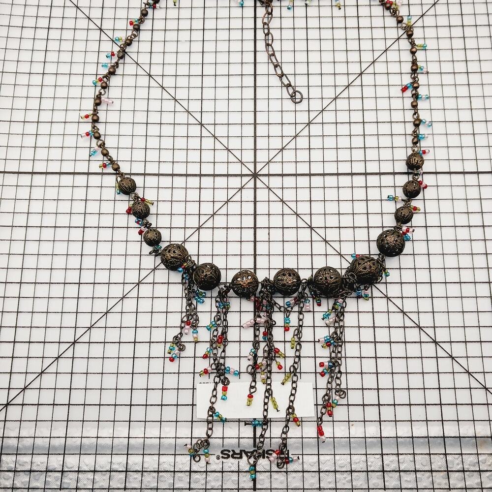 Necklace VTG Seed Bead Filigree Bib Statement Fringe Dangle Boho Tribal Y2K 90s